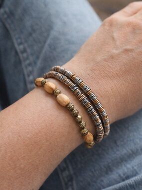 Boho Bracelet Set Wood Bead Stretch‎ And Multi Strand Cord Layered Style